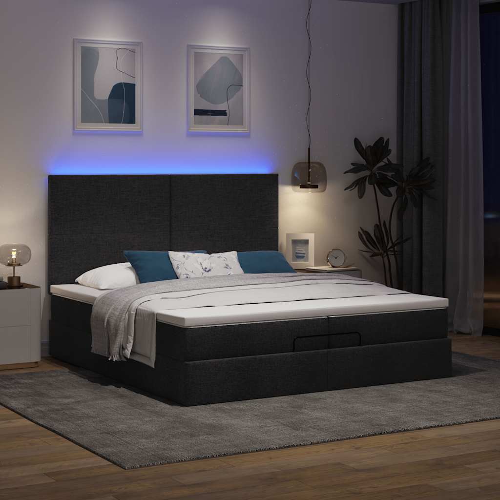Οθωμανικό κρεβάτι με στρώματα & LEDs Μαύρο 200x200cm ύφασμα