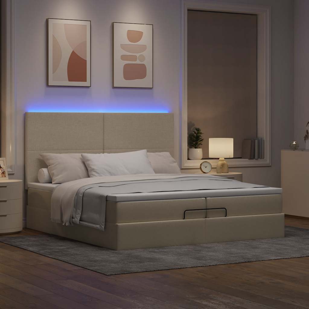 Οθωμανικό κρεβάτι με στρώματα & LEDs Κρέμα 200x200cm ύφασμα