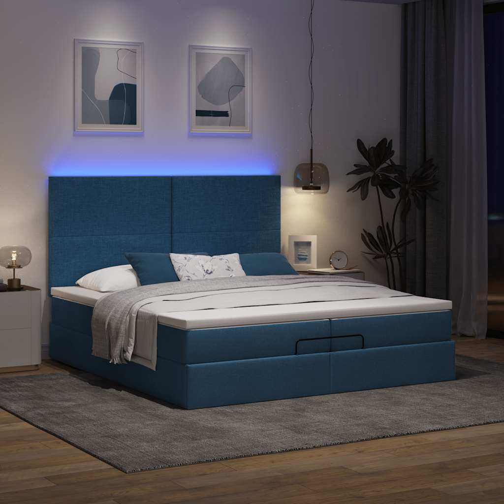 Οθωμανικό κρεβάτι με στρώματα & LEDs Μπλε 200x200cm ύφασμα