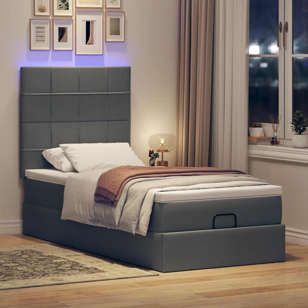 Οθωμανικό κρεβάτι με στρώμα & LEDs Σκούρο γκρι 90x190cm ύφασμα