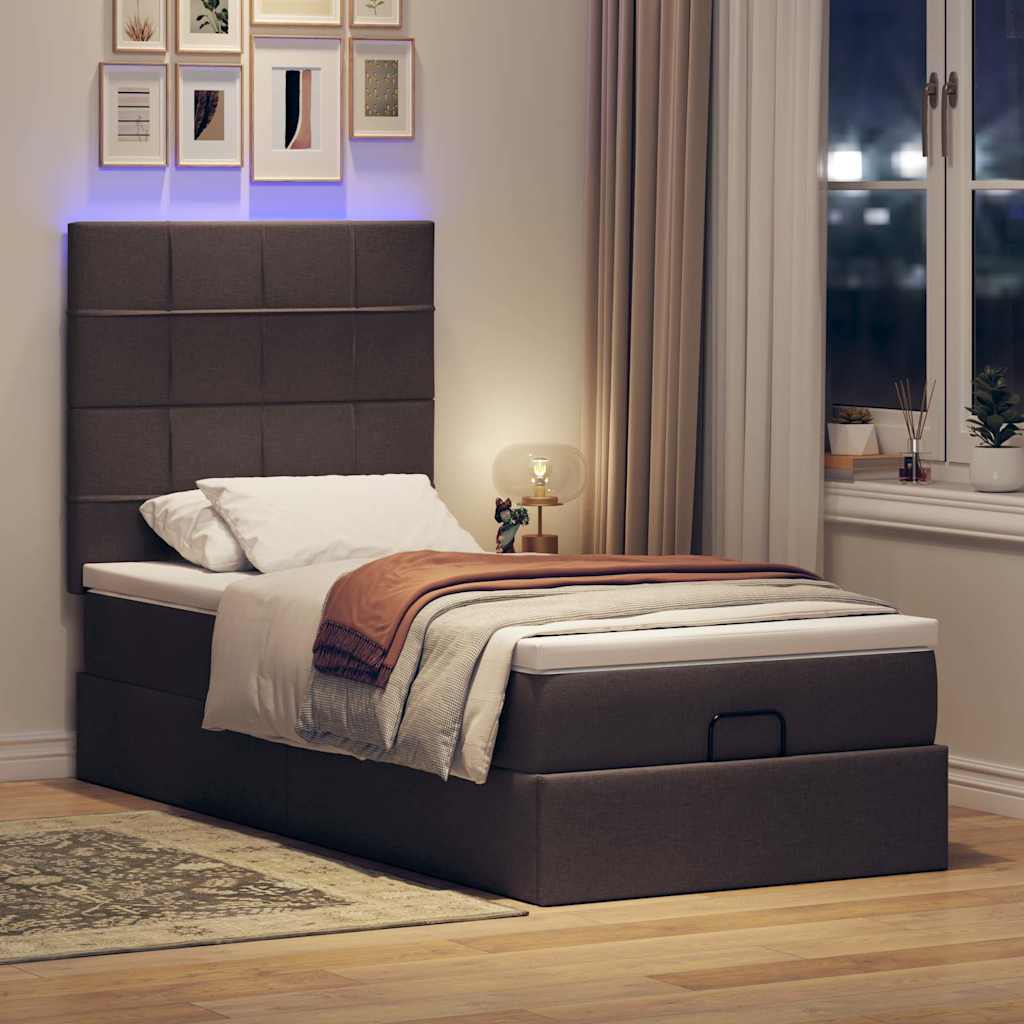 Οθωμανικό κρεβάτι με στρώμα & LEDs Σκούρο καφέ 90x200 cm Ύφασμα