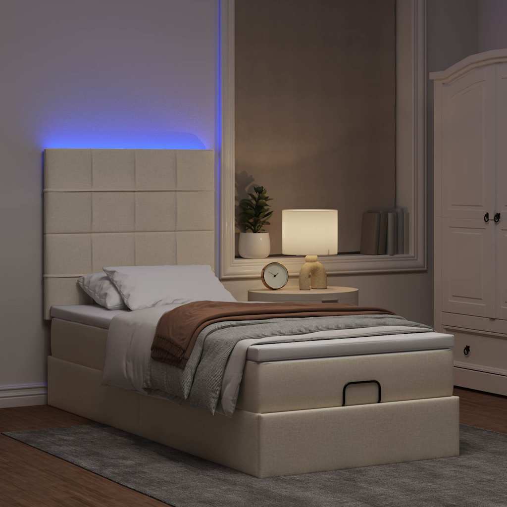 Οθωμανικό κρεβάτι με στρώμα & LEDs Cream 90x200 cm Ύφασμα