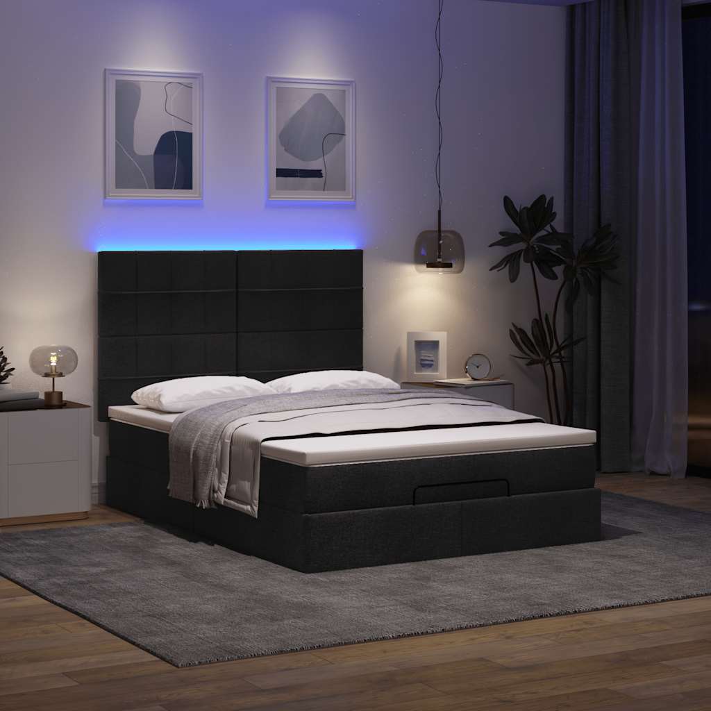 Οθωμανικό κρεβάτι με στρώμα & LEDs Μαύρο 140x200 cm Ύφασμα