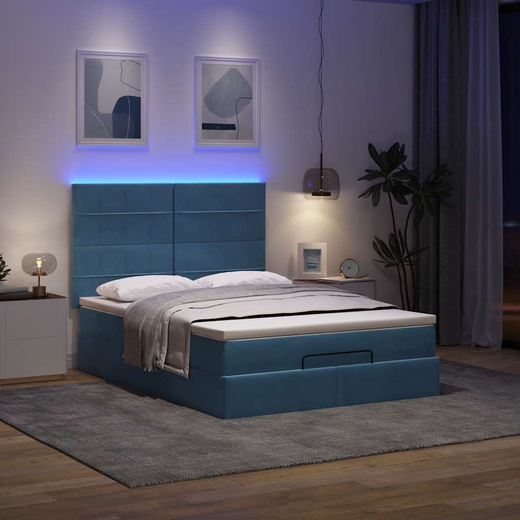 Οθωμανικό κρεβάτι με στρώμα & LEDs Μπλε 140x200cm ύφασμα