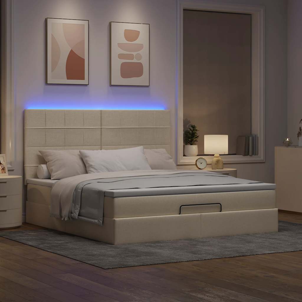 Οθωμανικό κρεβάτι με στρώμα & LEDs Cream 160x200cm ύφασμα