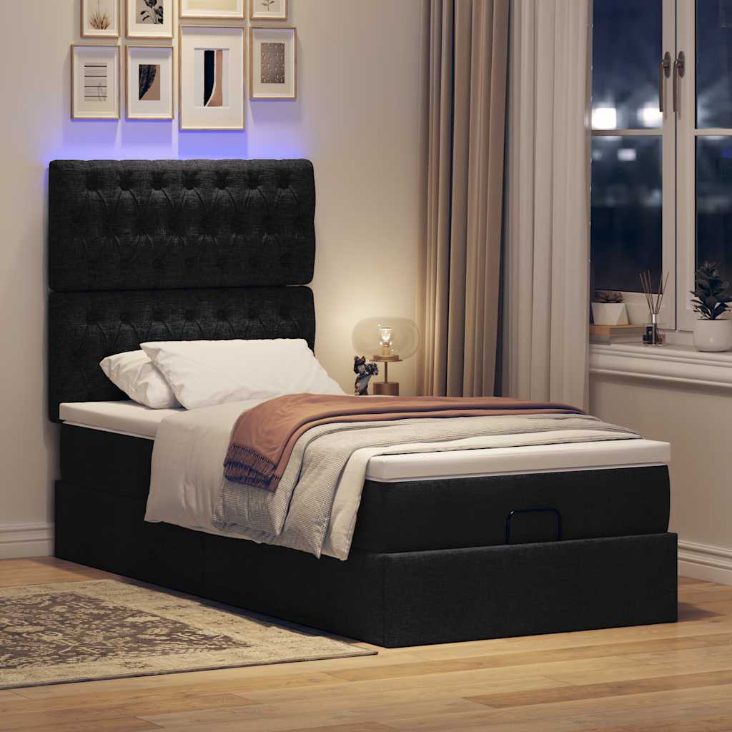 Οθωμανικό κρεβάτι με στρώμα & LEDs Μαύρο ύφασμα 90x190cm