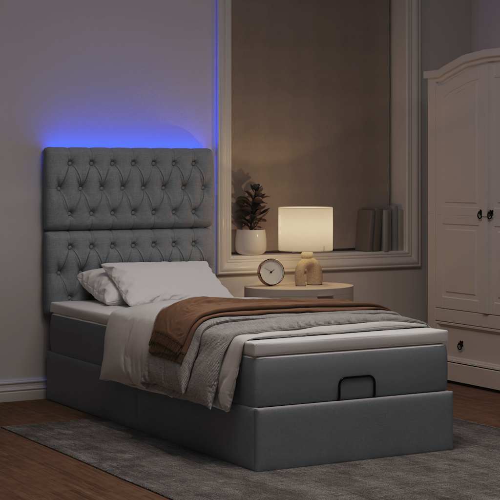 Οθωμανικό κρεβάτι με στρώμα & LEDs Ανοιχτό γκρι 90x200cm Ύφασμα