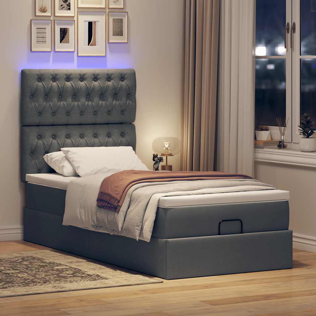 Οθωμανικό κρεβάτι με στρώμα & LEDs Σκούρο γκρι 90x200 cm Ύφασμα