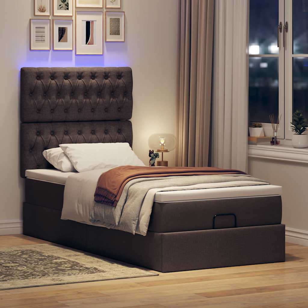 Οθωμανικό κρεβάτι με στρώμα & LEDs Σκούρο καφέ 90x200 cm Ύφασμα