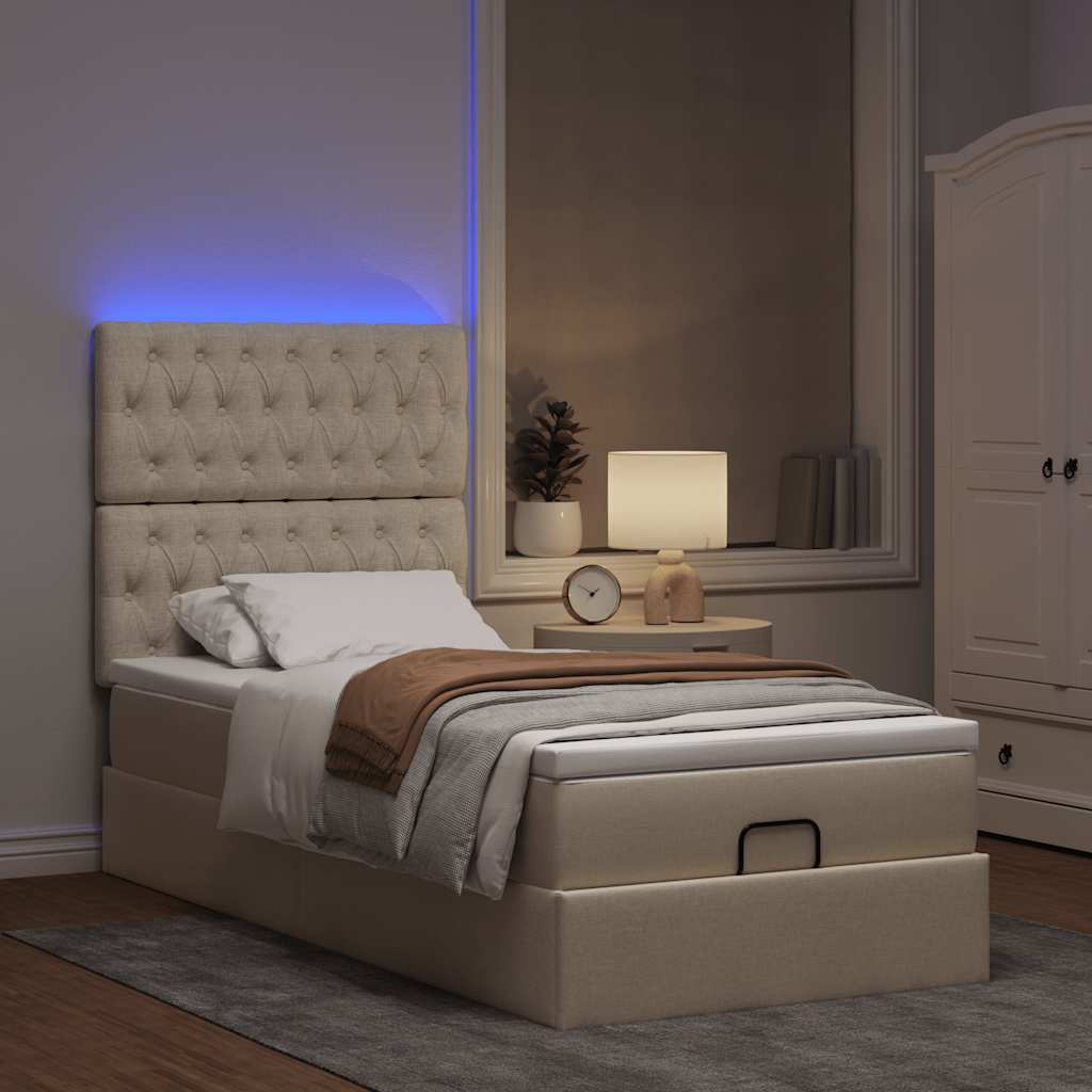 Οθωμανικό κρεβάτι με στρώμα & LEDs Cream 90x200 cm Ύφασμα