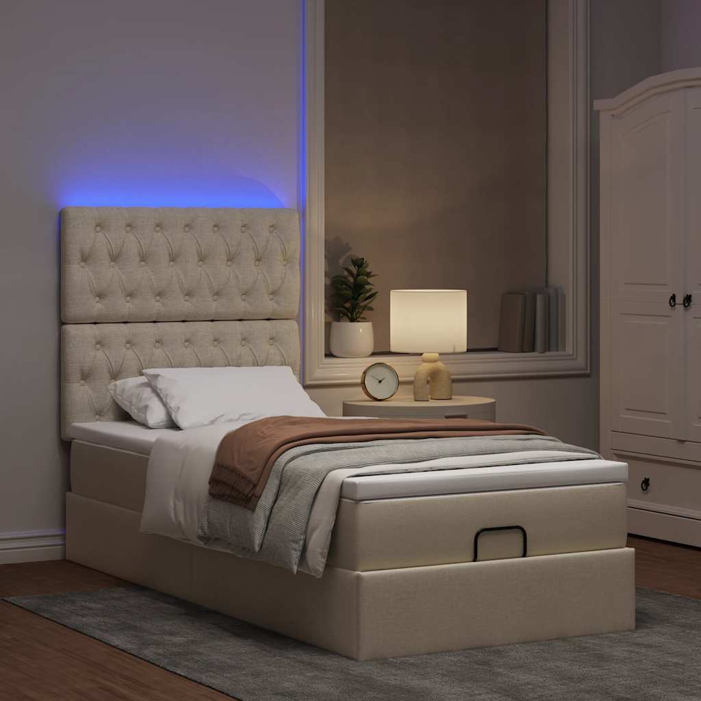 Οθωμανικό κρεβάτι με στρώμα & LEDs Cream 100x200 cm Ύφασμα