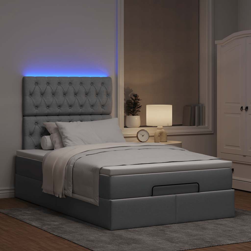 Οθωμανικό κρεβάτι με στρώμα & LEDs Ανοιχτό γκρι Ύφασμα