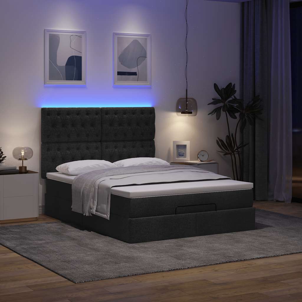 Οθωμανικό κρεβάτι με στρώμα & LEDs Μαύρο 140x200 cm Ύφασμα