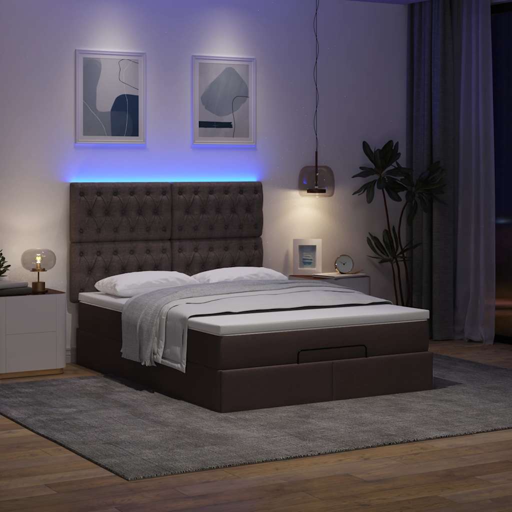 Οθωμανικό κρεβάτι με στρώμα & LEDs Σκούρο καφέ 140x200cm ύφασμα
