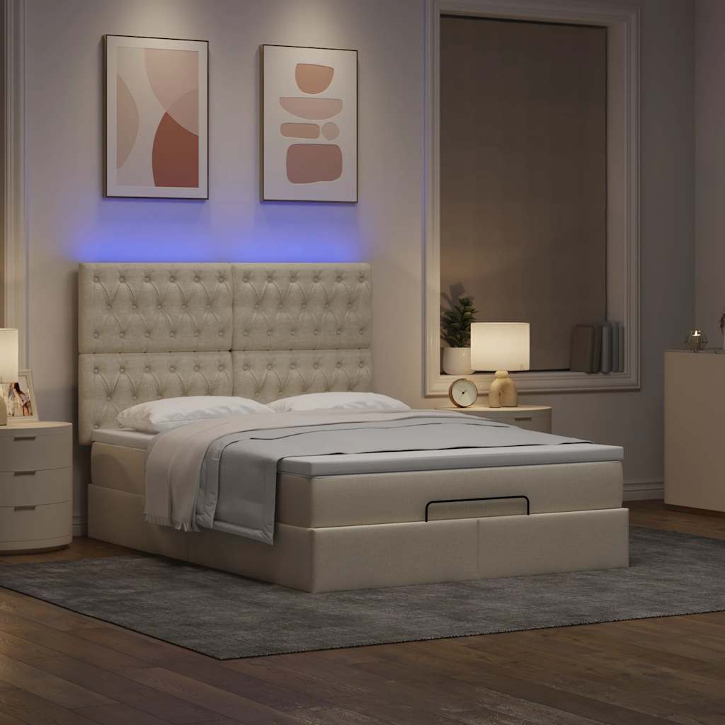 Οθωμανικό κρεβάτι με στρώμα & LEDs Cream 140x200 cm Ύφασμα