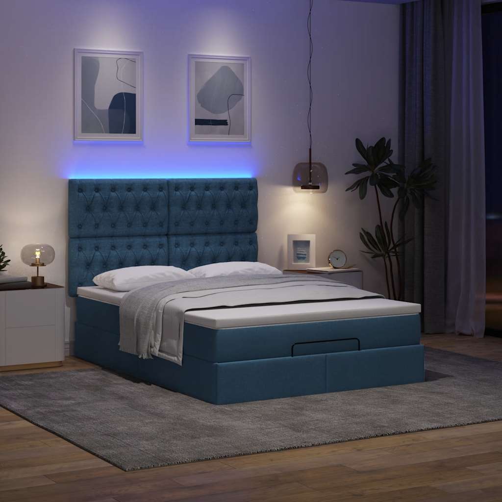 Οθωμανικό κρεβάτι με στρώμα & LEDs Μπλε 140x200cm ύφασμα