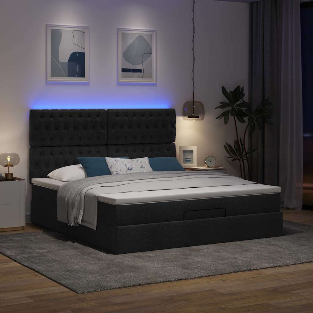Οθωμανικό κρεβάτι με στρώμα & LEDs Μαύρο ύφασμα 160x200cm