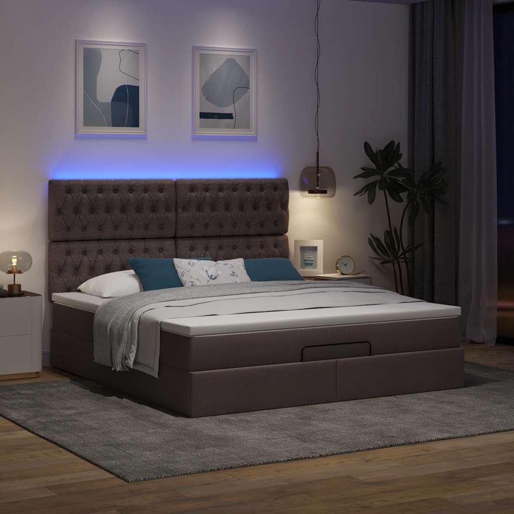Οθωμανικό κρεβάτι με στρώμα & LEDs Σκούρο καφέ 160x200cm ύφασμα