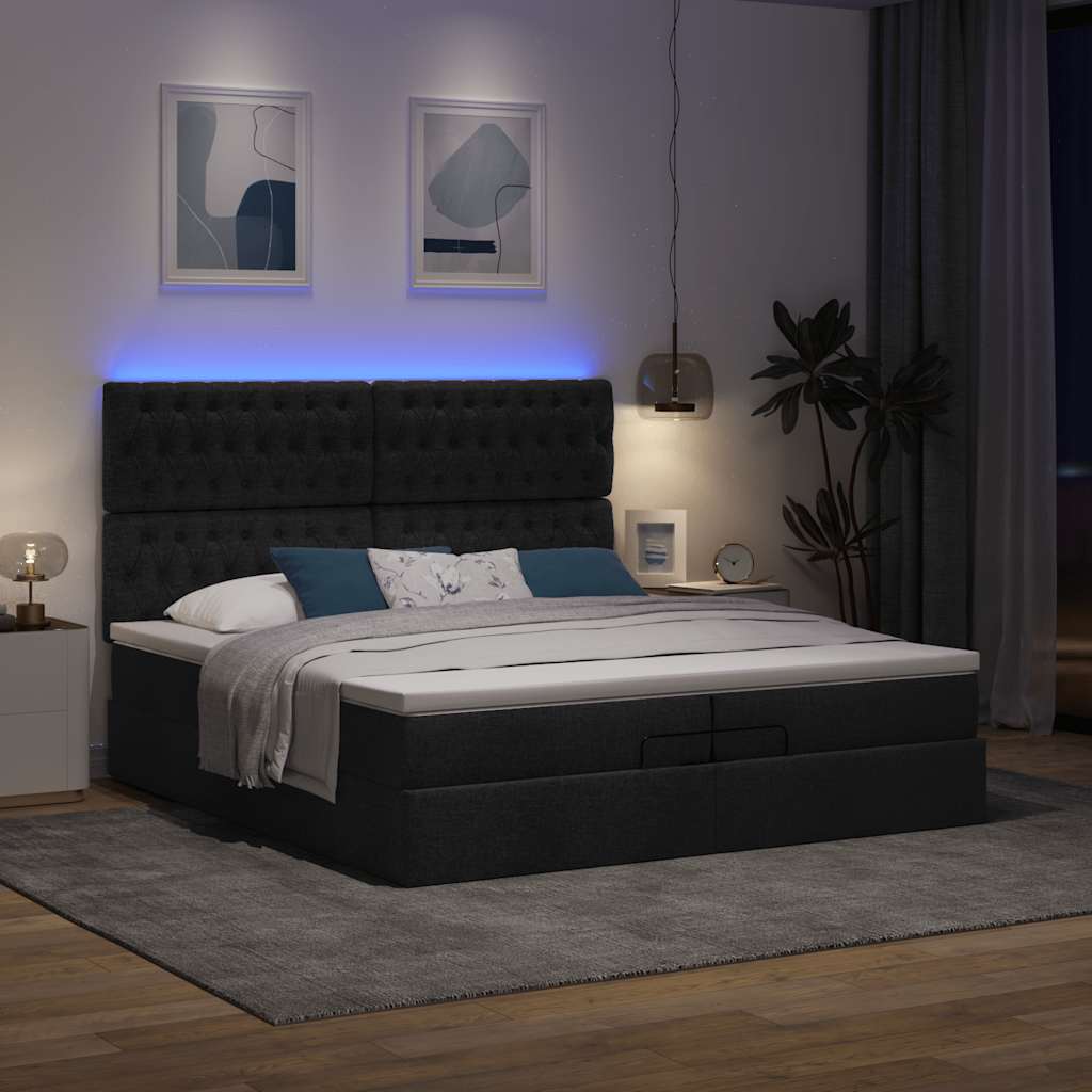 Οθωμανικό κρεβάτι με στρώματα & LEDs Μαύρο 200x200cm ύφασμα