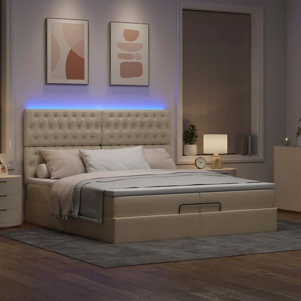 Οθωμανικό κρεβάτι με στρώματα & LEDs Κρέμα 200x200cm ύφασμα