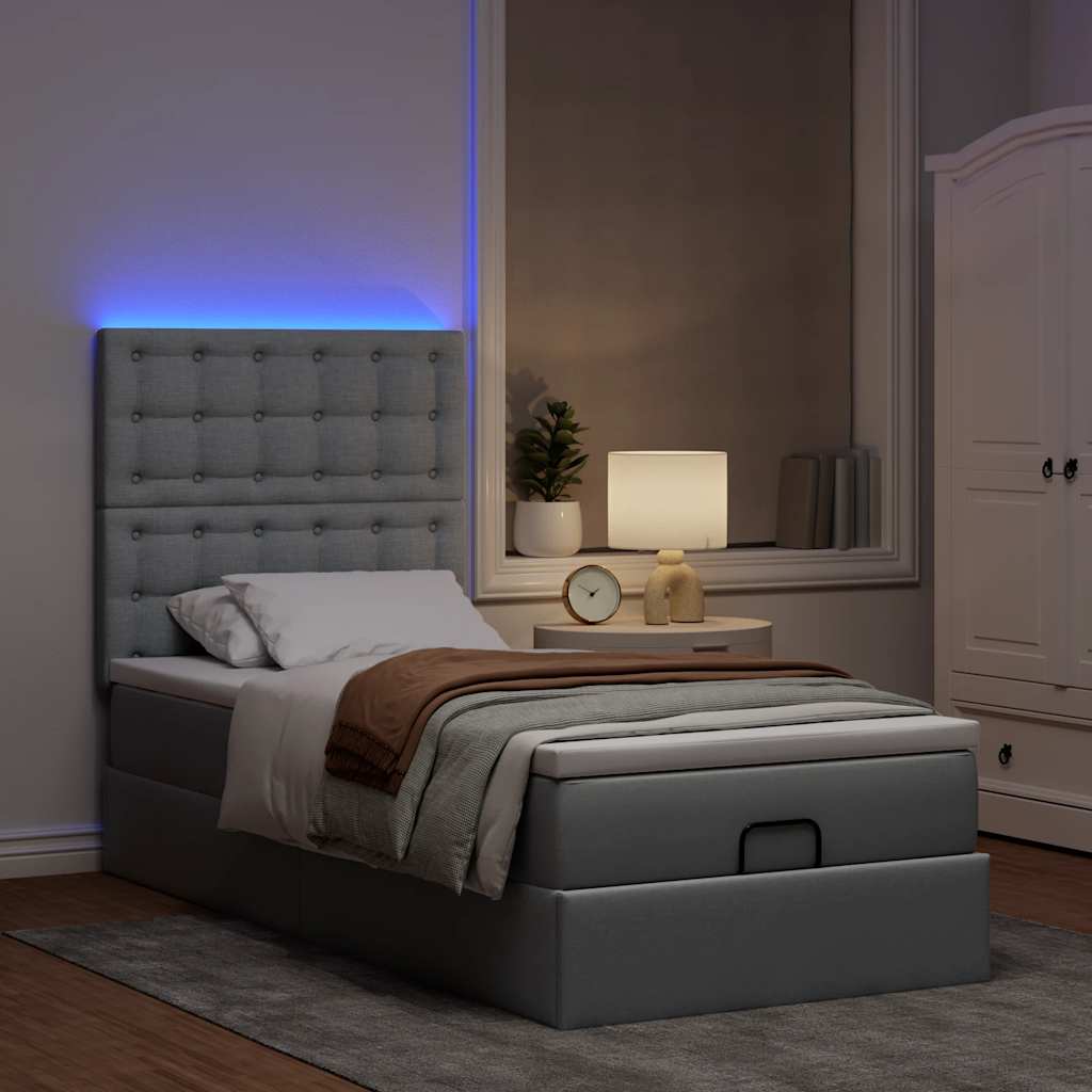 Οθωμανικό κρεβάτι με στρώμα & LEDs Ανοιχτό γκρι 90x200cm Ύφασμα