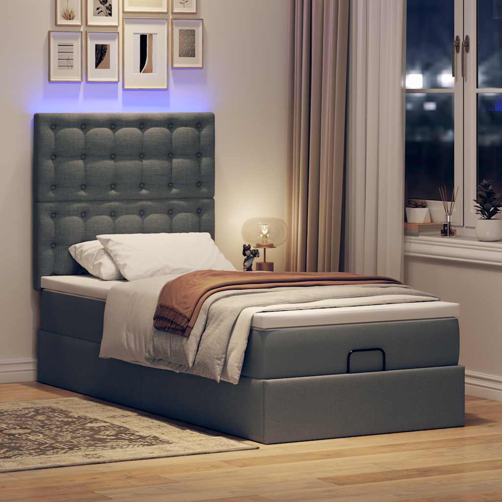 Οθωμανικό κρεβάτι με στρώμα & LEDs Σκούρο γκρι 90x200 cm Ύφασμα