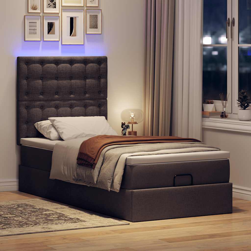 Οθωμανικό κρεβάτι με στρώμα & LEDs Σκούρο καφέ 90x200 cm Ύφασμα