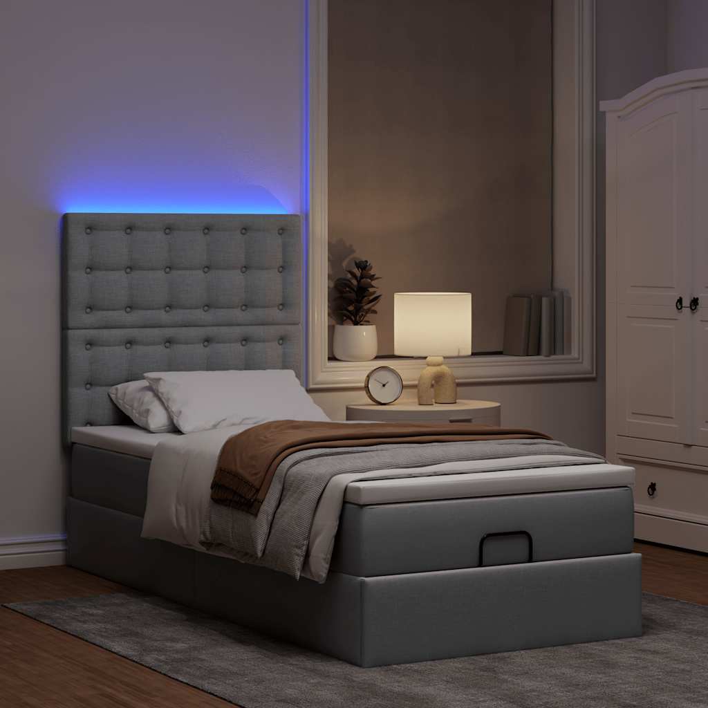 Οθωμανικό κρεβάτι με στρώμα & LEDs Ανοιχτό γκρι Ύφασμα