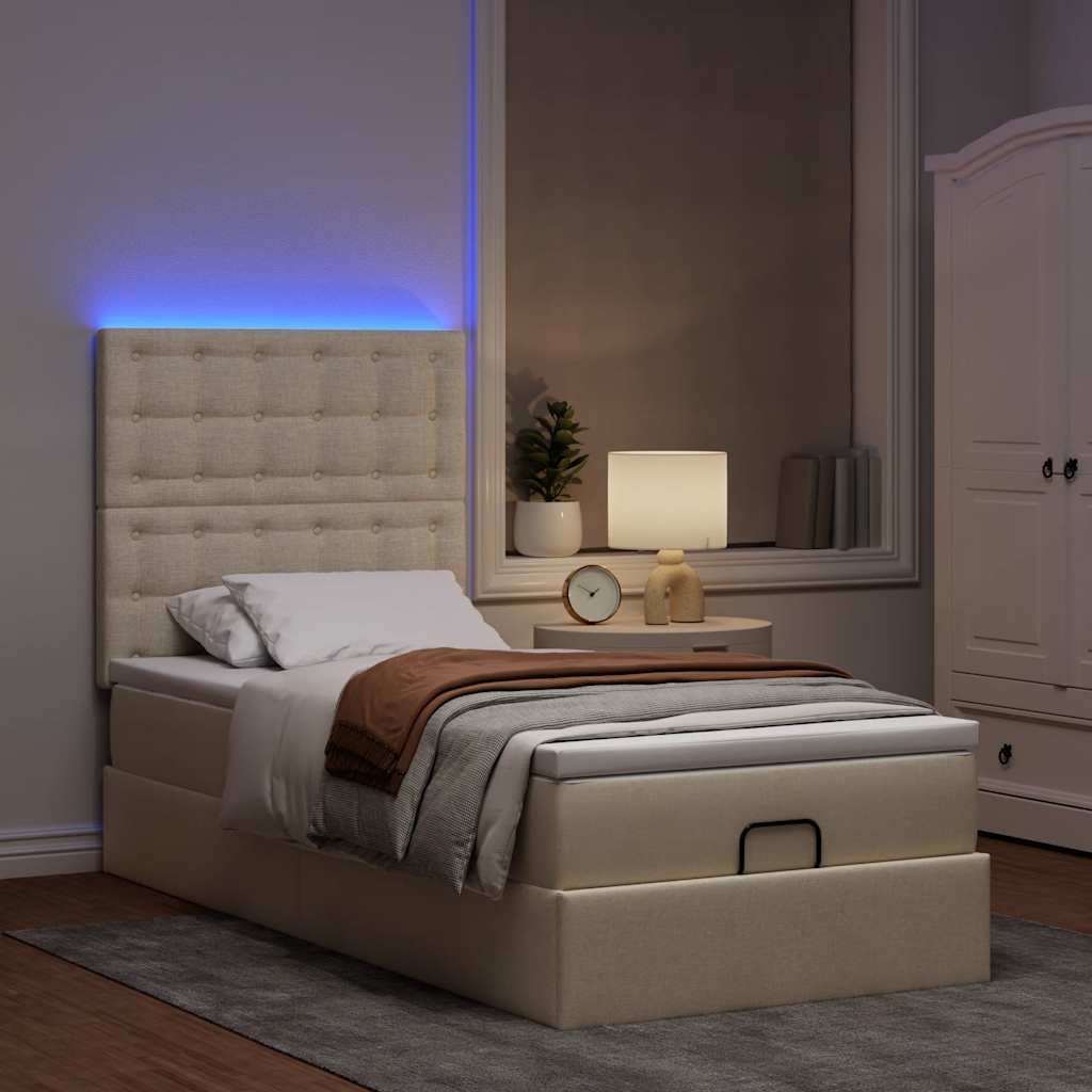 Οθωμανικό κρεβάτι με στρώμα & LEDs Cream 100x200 cm Ύφασμα