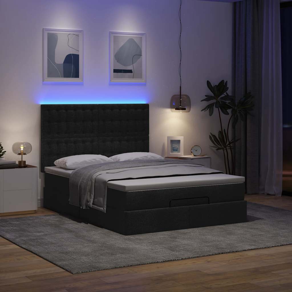 Οθωμανικό κρεβάτι με στρώμα & LEDs Μαύρο 140x200 cm Ύφασμα