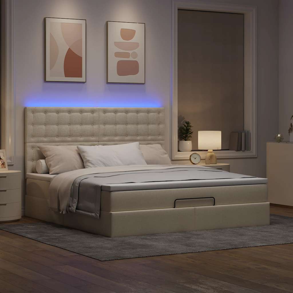 Οθωμανικό κρεβάτι με στρώμα & LEDs Cream 160x200cm ύφασμα