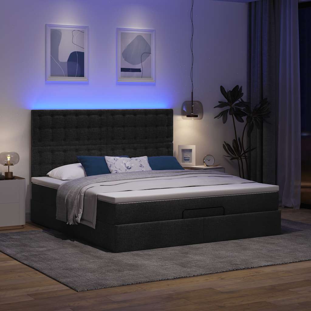 Οθωμανικό κρεβάτι με στρώμα & LEDs Μαύρο ύφασμα 180x200cm