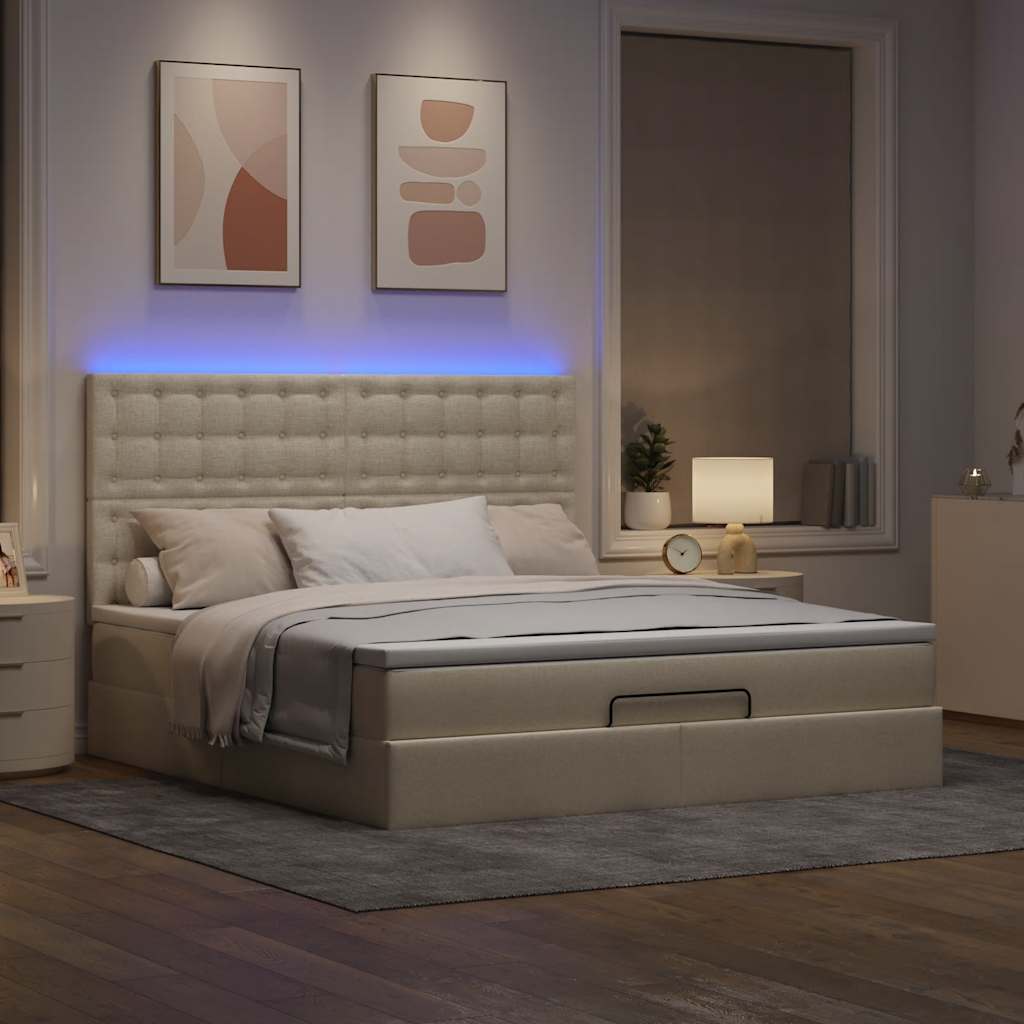 Οθωμανικό κρεβάτι με στρώμα & LEDs Cream 180x200cm ύφασμα