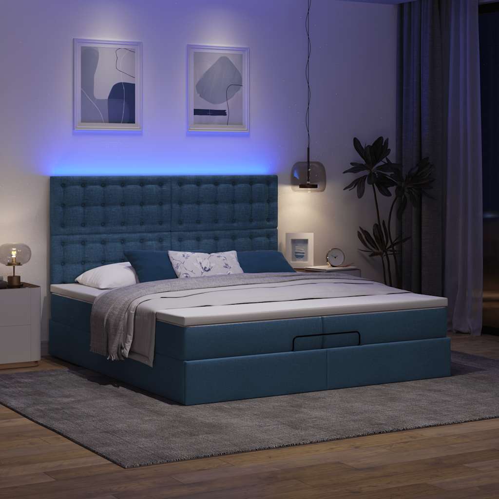Οθωμανικό κρεβάτι με στρώματα & LEDs Μπλε 200x200cm ύφασμα