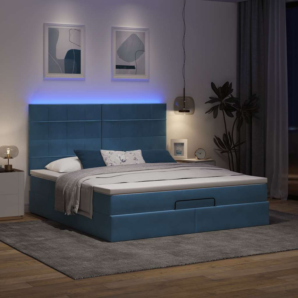 Οθωμανικό κρεβάτι με στρώματα & LEDs Σκούρο μπλε Βελούδο