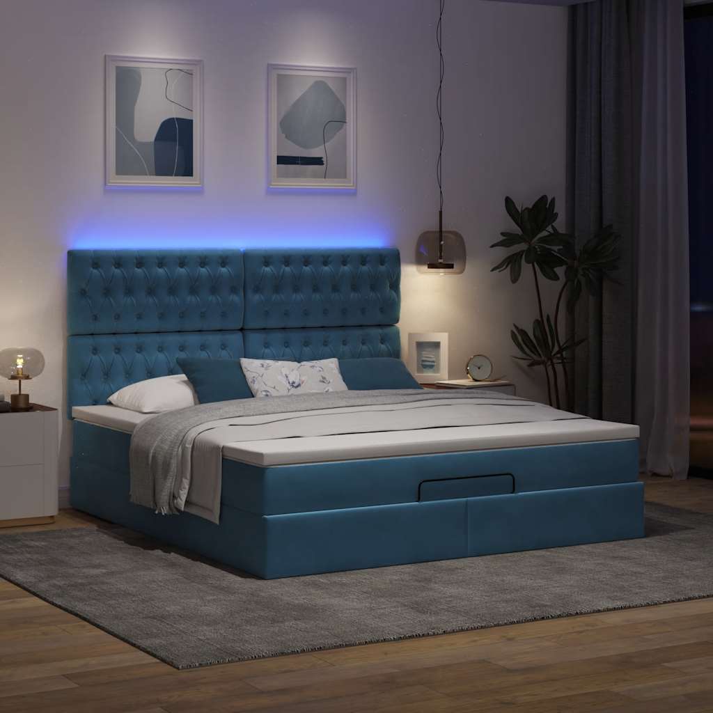 Οθωμανικό κρεβάτι με στρώματα & LEDs Σκούρο μπλε Βελούδο