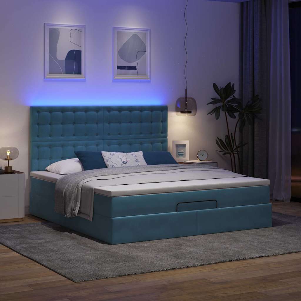 Οθωμανικό κρεβάτι με στρώματα & LEDs Σκούρο μπλε Βελούδο