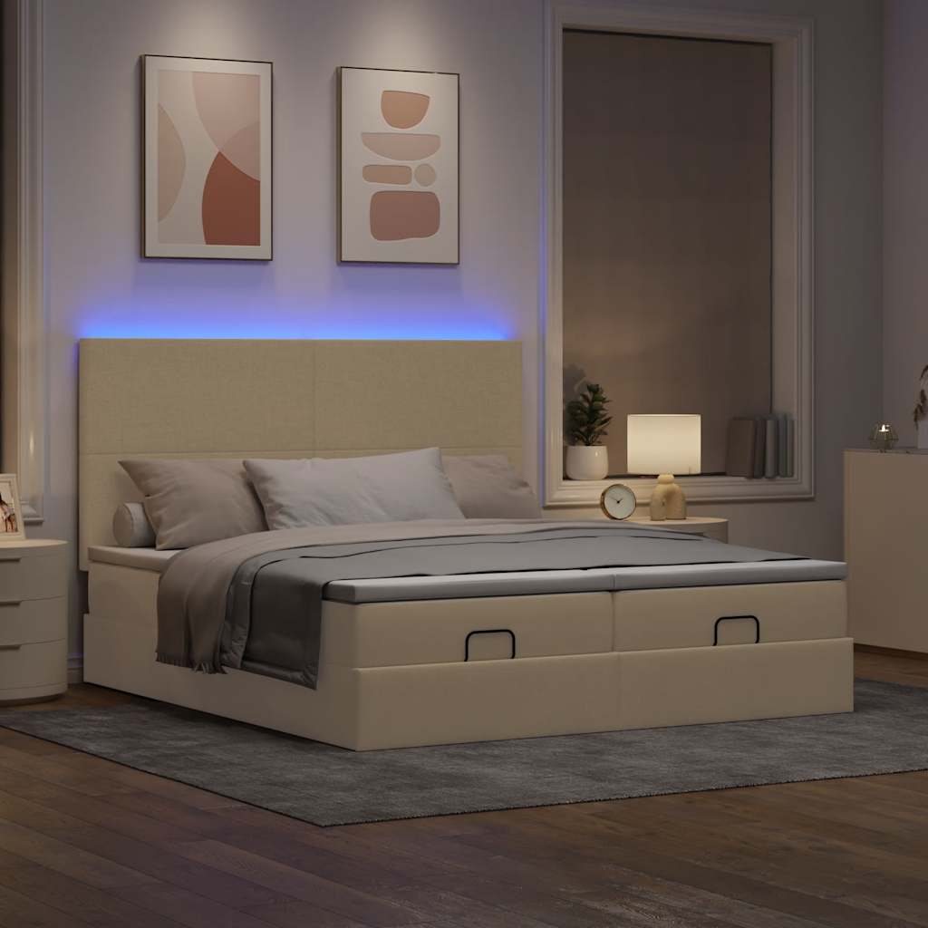 Οθωμανικό κρεβάτι με στρώματα & LEDs Κρέμα 180x200cm ύφασμα