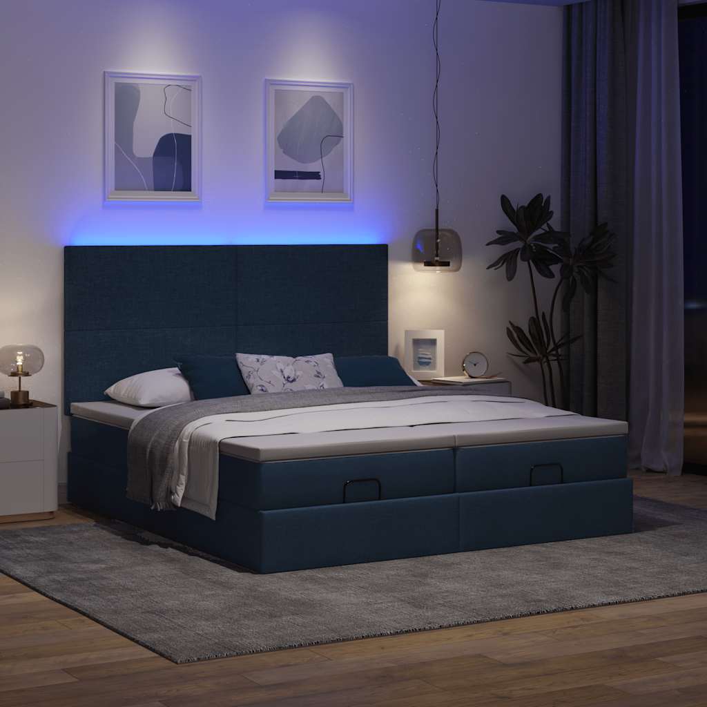 Οθωμανικό κρεβάτι με στρώματα & LEDs Μπλε 200x200cm ύφασμα