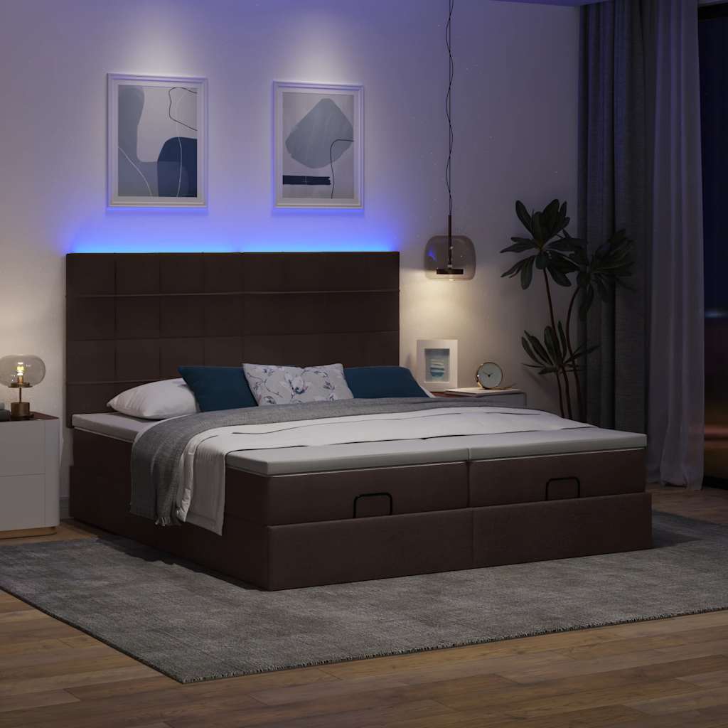 Οθωμανικό κρεβάτι με στρώματα&LEDs Σκούρο καφέ 200x200cm ύφασμα
