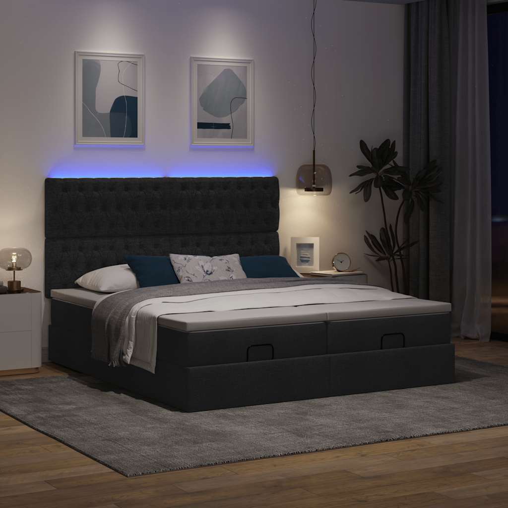Οθωμανικό κρεβάτι με στρώματα & LEDs Μαύρο 200x200cm ύφασμα
