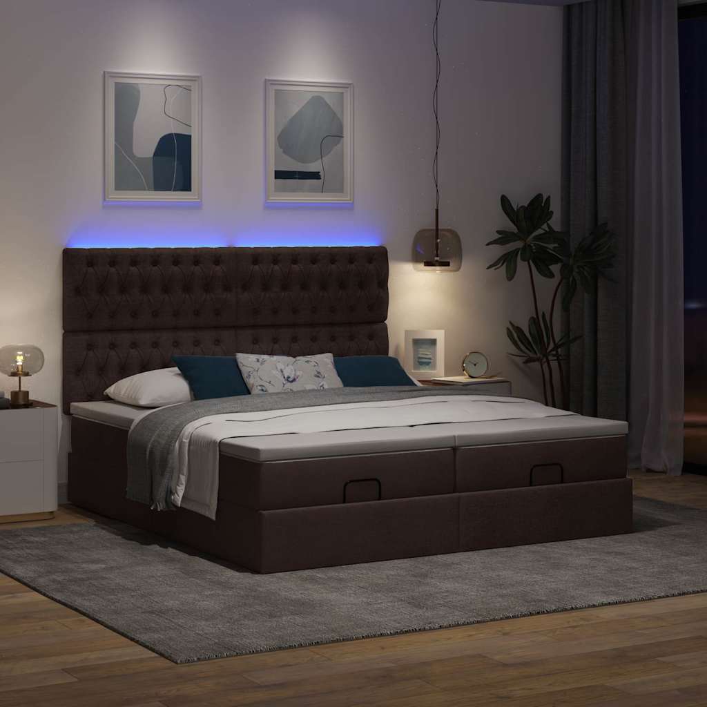Οθωμανικό κρεβάτι με στρώματα&LEDs Σκούρο καφέ 200x200cm ύφασμα