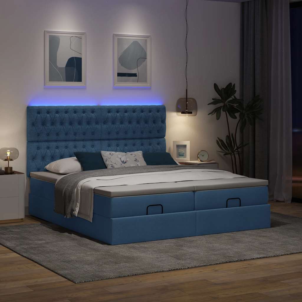Οθωμανικό κρεβάτι με στρώματα & LEDs Μπλε 200x200cm ύφασμα