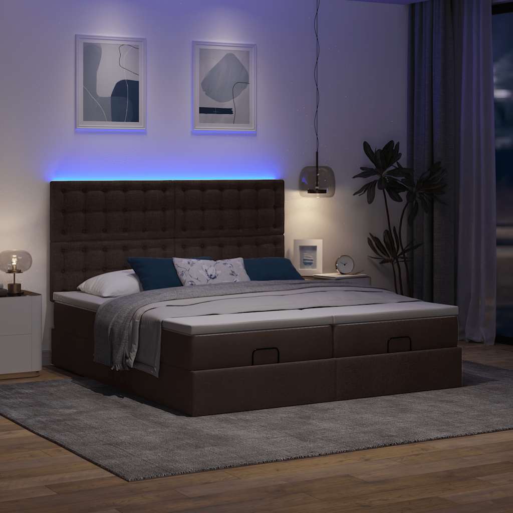 Οθωμανικό κρεβάτι με στρώματα&LEDs Σκούρο καφέ 200x200cm ύφασμα