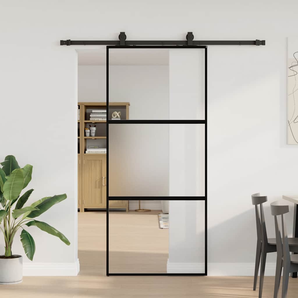 Συρόμενη πόρτα με σετ υλικού Μαύρο 90x205 cm γυαλί μετριασμένο