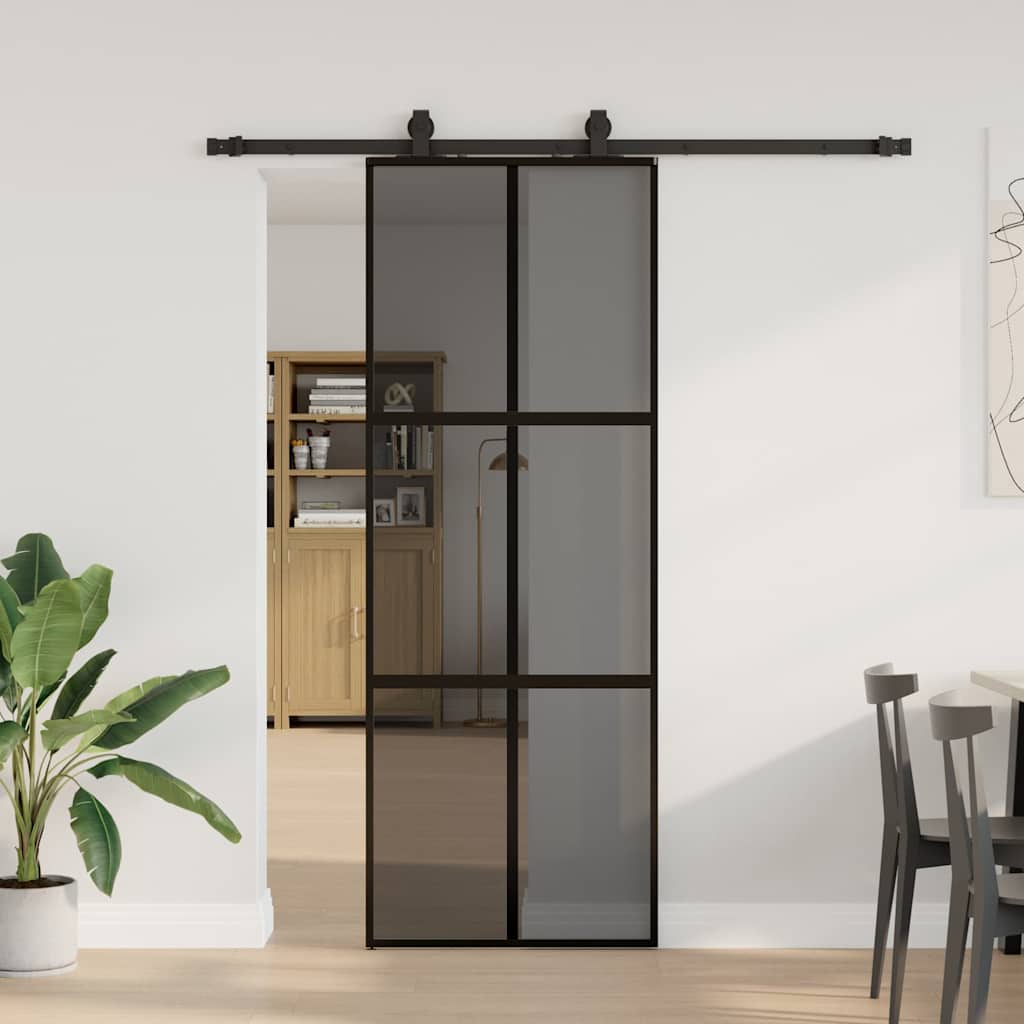 Συρόμενη πόρτα με σετ υλικού Μαύρο 76x205 cm γυαλί μετριασμένο