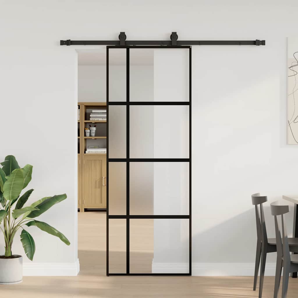 Συρόμενη πόρτα με σετ υλικού Μαύρο 76x205 cm γυαλί μετριασμένο