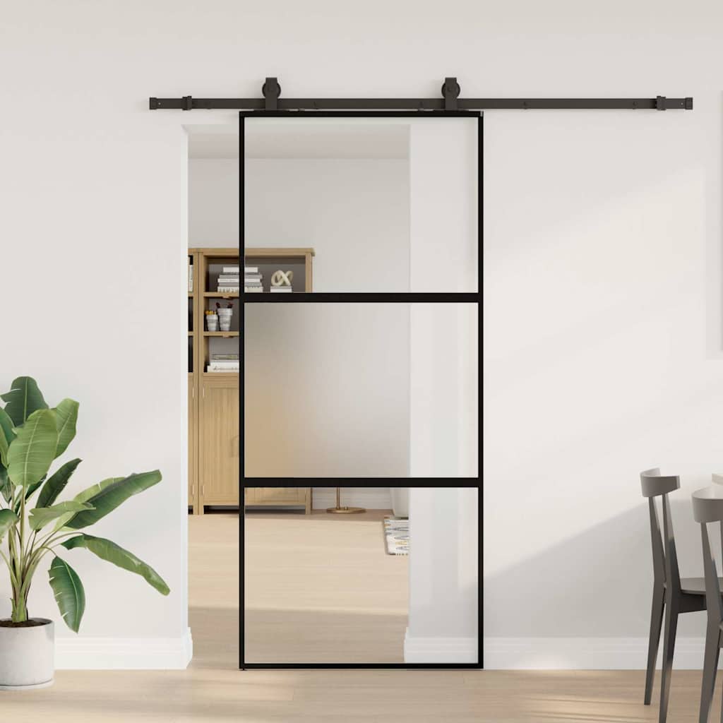 Συρόμενη πόρτα με σετ υλικού Μαύρο 90x205 cm γυαλί μετριασμένο