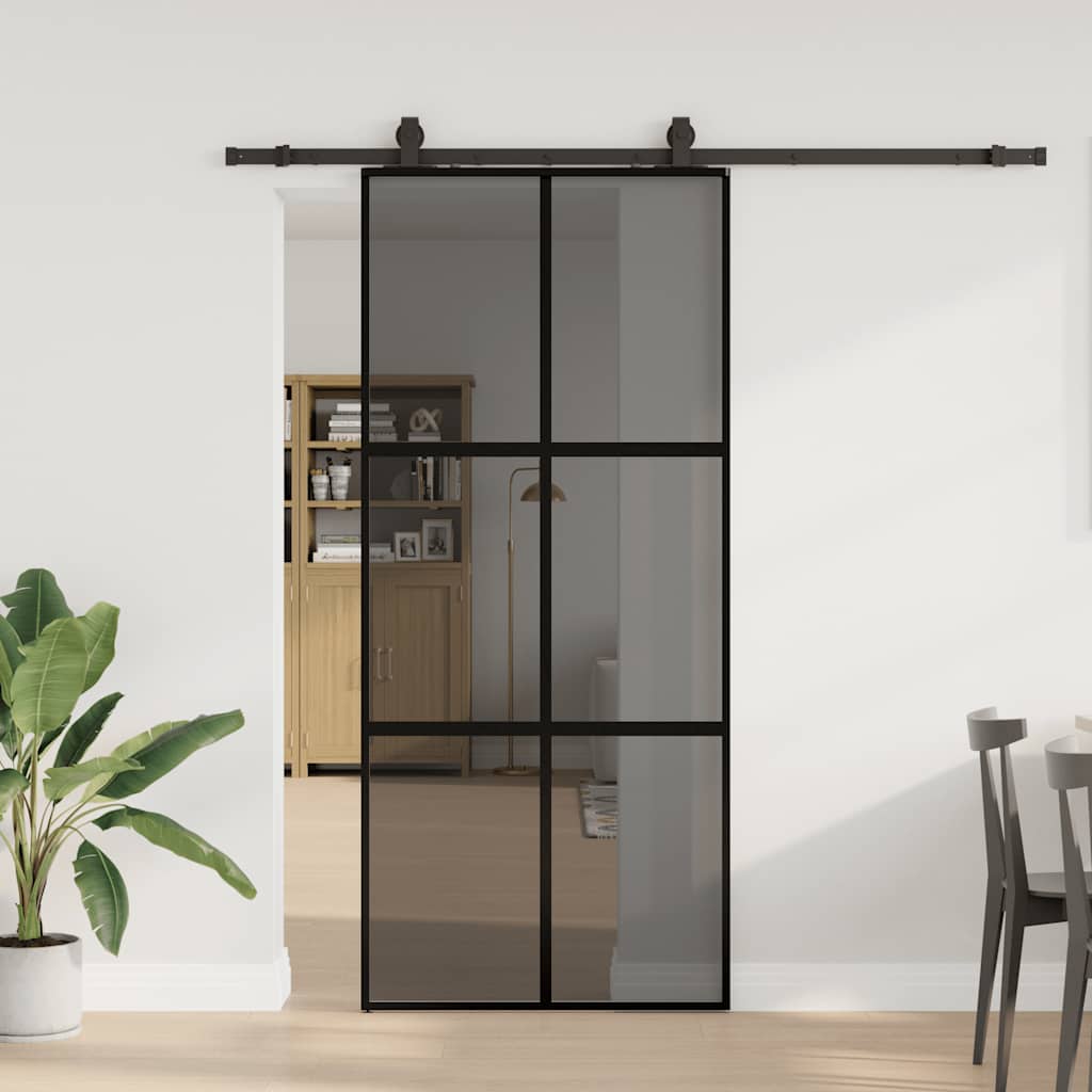 Συρόμενη πόρτα με σετ υλικού Μαύρο 90x205 cm γυαλί μετριασμένο