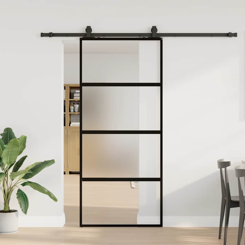 Συρόμενη πόρτα με σετ υλικού Μαύρο 76x205 cm γυαλί μετριασμένο
